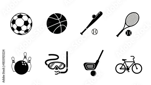 Collection of sports icons illustration featuring various equipment for different activities like
