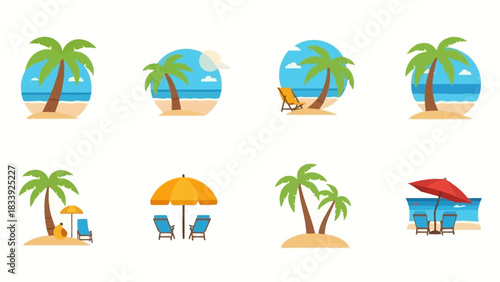 Collection of summer beach icons with palm trees, umbrellas and deck chairs vector illustrations