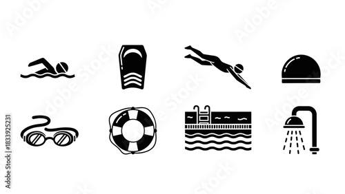 Collection of swimming icon, featuring swimmers, pool, shower, and equipment vector set perfect