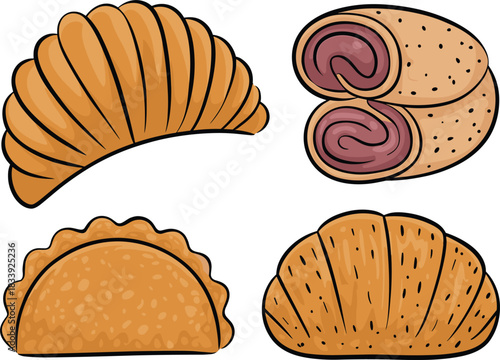 Colorful Cartoon Bakery Pastries Vector Illustration Set: Hand-Drawn Design Featuring Croissant, Empanada, and Chocolate Roll for Menu, Dessert, and Food Graphics.