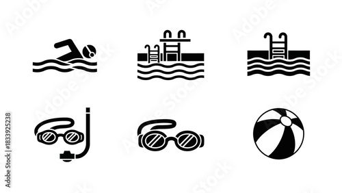 Collection of summer swimming pool accessories in minimalist black and white style