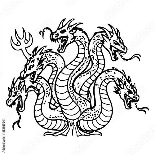 Black and white drawing of a multiheaded serpent