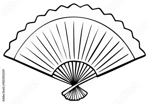 Traditional Folding Hand Fan Black Outline Vector Illustration with Scalloped Edge