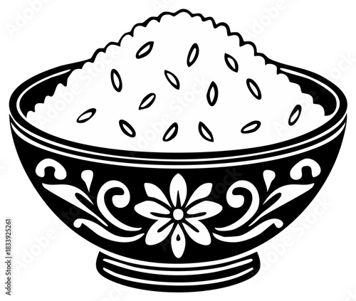 Bowl of Rice with Floral Decoration, Monochrome, Food Concept