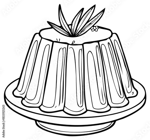 Hand-Drawn Pudding with Leaf Garnish on Stand, Black and White Line Art Illustration