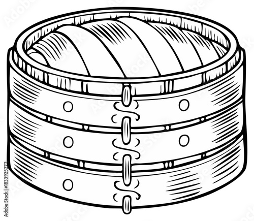 Hand drawn stacked bamboo steamer with Asian dim sum. Monochrome line art illustration of traditional Chinese cookware.