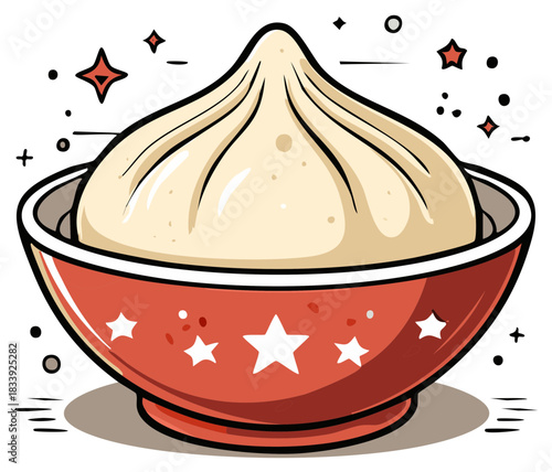 Sparkling Steamed Dumpling in a Festive Red Bowl with Stars Illustration
