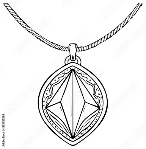 Ornate fantasy amulet with a large crystal gem on a necklace, black and white line art illustration