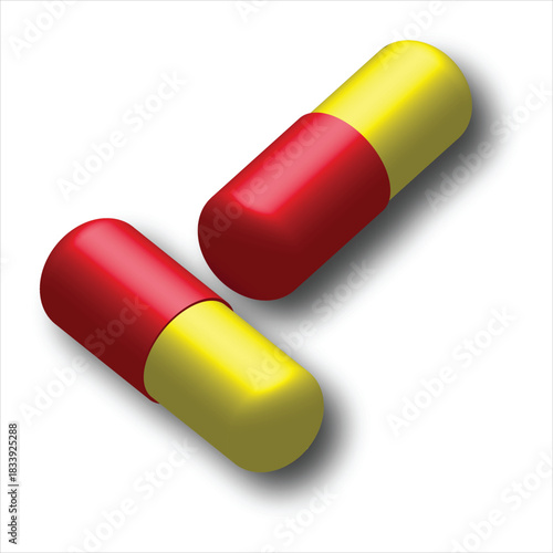 Red and Yellow Capsules on White Background – Pharmaceutical Medicine Concept