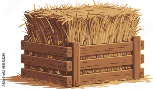 Hay Bale in Wooden Crate Vector — Farm Agriculture Straw Illustration