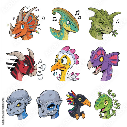 Collection of nine colorful dinosaur head illustrations