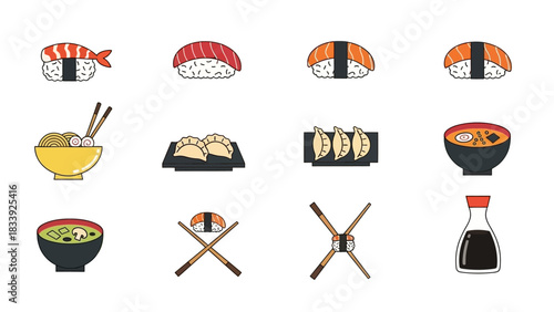 Colorful vector illustration of different types of Japanese food on a white background illustration