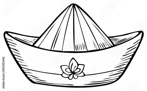 Asian style conical hat hand drawn ink illustration isolated on white background