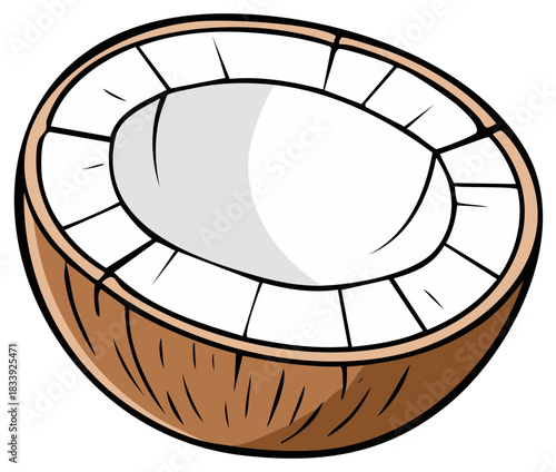 Cartoon illustration of a cracked open half coconut with brown shell and white meat