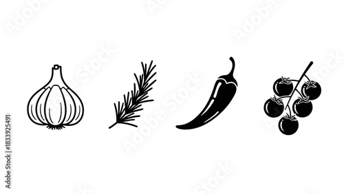 Culinary Herbs and Spices Vector Illustration: Garlic Rosemary Chili and Tomatoes Black and White