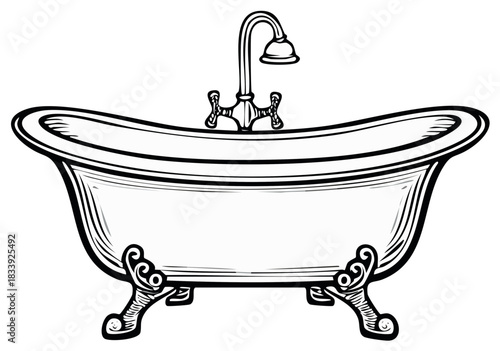 Vintage Clawfoot Bathtub and Shower Illustration Antique Style Freestanding Bath Line Art Drawing