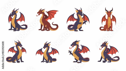Diverse Cartoon Dragon Illustrations in Varied Poses and Colors on a White Background