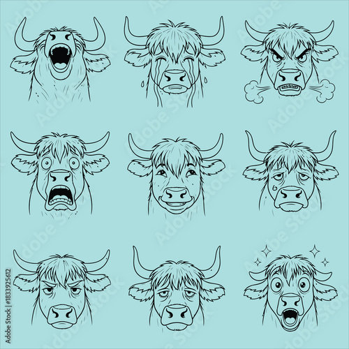 Nine expressive highland cow face sketches