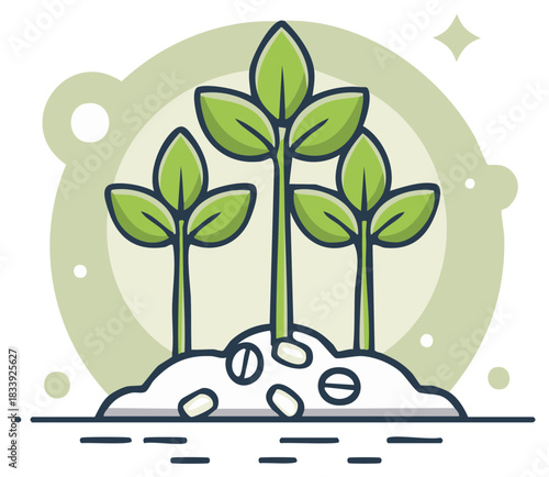 Green sprouts emerging from soil with seeds scattered around