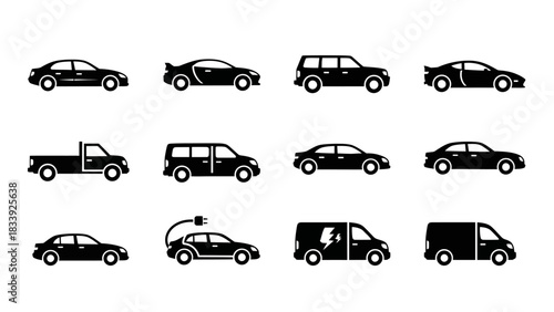 Diverse collection of vector car icons showcasing various models and styles including electric