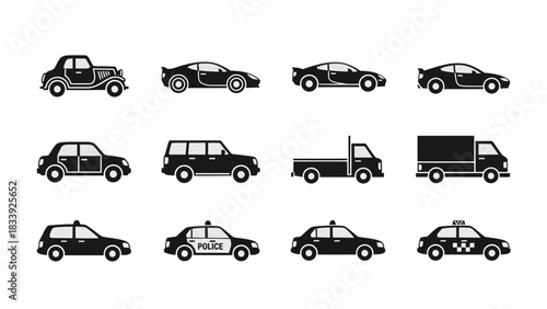 Diverse collection of vehicle silhouettes isolated on a clean white background showing various car