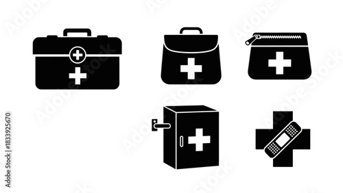 Diverse first aid kit options and medical supplies represented in black and white