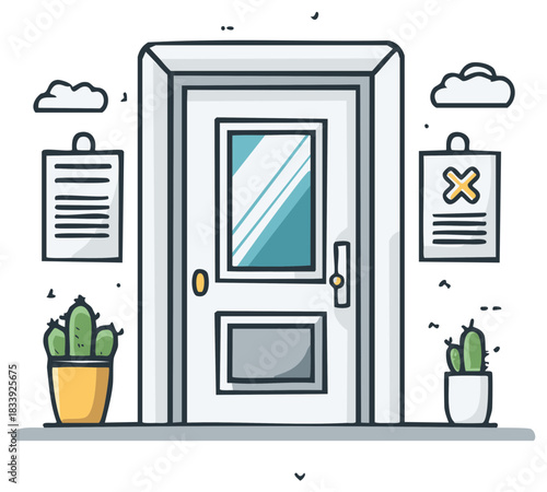 Closed White Door Illustration with Potted Cacti Clouds and Hanging Notes Office Style Decor