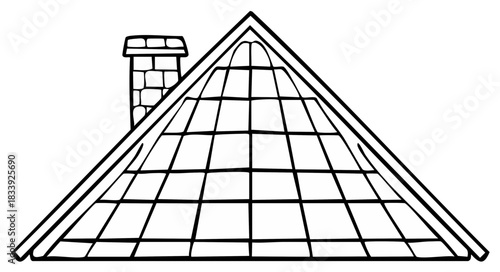 Sketched rooftop pyramid skylight with brick chimney simple architectural detail