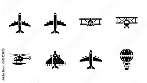 Diverse transportation icons showcasing various types of aircraft and air vehicles on white