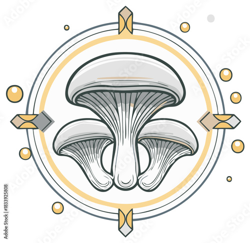 Stylized Mushroom Circle Illustration: Mushroom Arrangement with Geometric Shapes and Fungi Concept