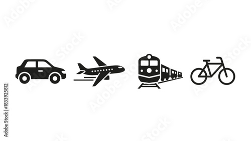 Diverse Transportation Modes Icon Set Featuring Car, Airplane, Train and Bicycle