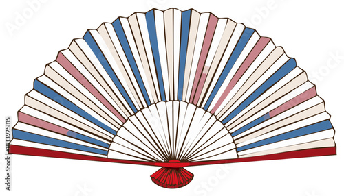 Decorative paper fan with vertical stripes in blue pink and cream colors on a white background
