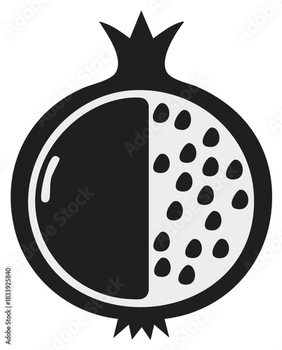 Stylized pomegranate half with visible seeds and crown graphic