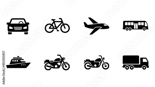 Diverse transportation modes vector icons illustrating urban mobility and travel solutions