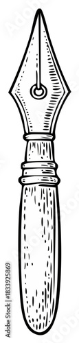 Classic vintage fountain pen nib illustration, hand-drawn black and white elegant writing instrument design