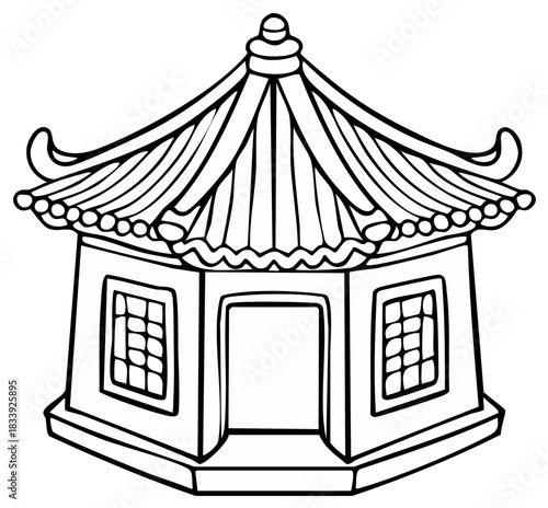 Stylized Pagoda Line Art Elegant Asian Architecture Building Outline