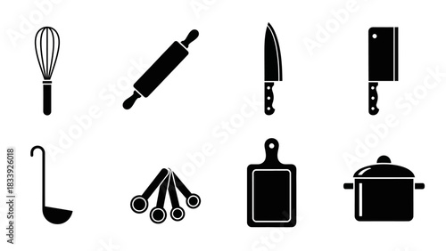Elegant Kitchen Utensils Vector Graphic: Seamless Culinary Icon Set with Black Silhouettes for