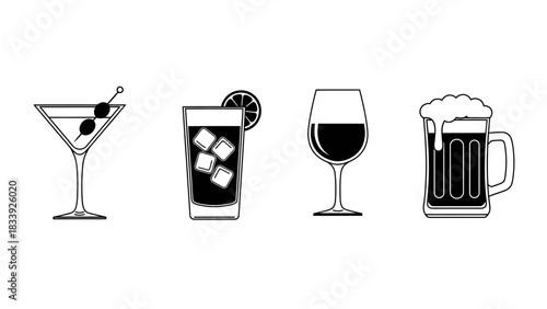 Elegant Line Art Depiction of Various Alcoholic Beverages on White Background