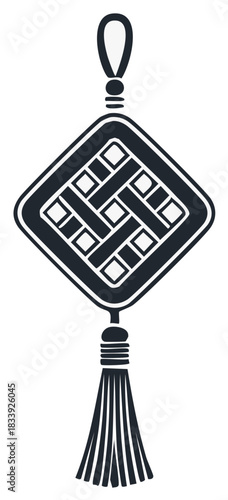 Stylized traditional Asian lucky knot with interwoven geometric pattern and hanging tassel vector icon