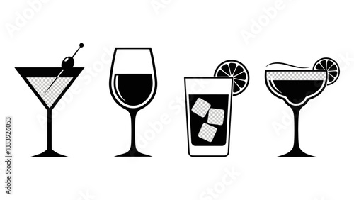 Elegant Minimalist Cocktail Illustration Featuring Assorted Alcoholic Beverages and Garnishes