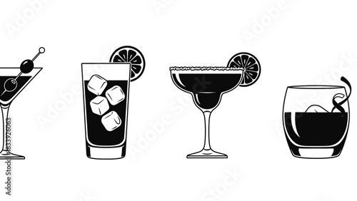 Elegant monochrome illustration featuring a diverse selection of cocktail drinks