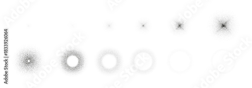 Frame animation of dotted grainy circles. Set of vector gritty circles with black stipple texture effect for sequential animation of explode or magic effect. Circles with gritty pattern.