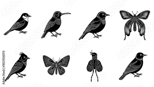 Elegant minimalist tattoo designs showcasing birds and butterflies in black ink illustration