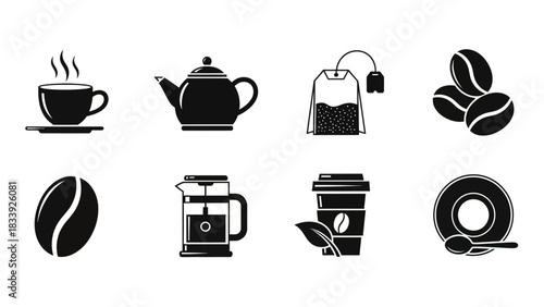 Elegant monochrome vector illustration showcases assorted hot beverages icons collection