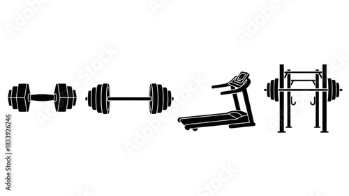 Fitness equipment vector illustration featuring dumbbells, treadmill, and weight rack for gym use
