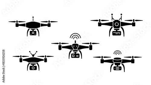 Five different drone designs with variations in antenna, camera, and overall shape set against