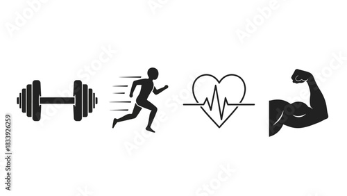 Fitness lifestyle icons representing weightlifting running cardiovascular health and muscles