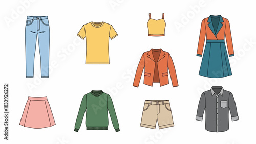 Flat lay vector illustration of various clothing apparel for women and men fashion style minimal