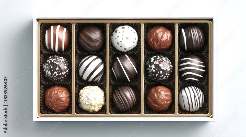 Obraz premium Box of assorted gourmet chocolate truffles. Luxury confectionery collection on a white background. Top view flat lay of delicious sweets and desserts