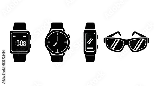Illustration of Digital Smartwatches, Analogue Watch and Modern Glasses Line Art